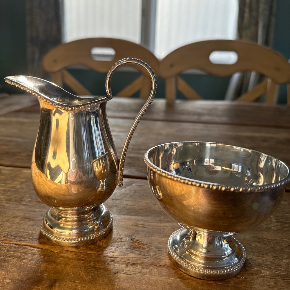 Silver plated creamer, and sugar bowl